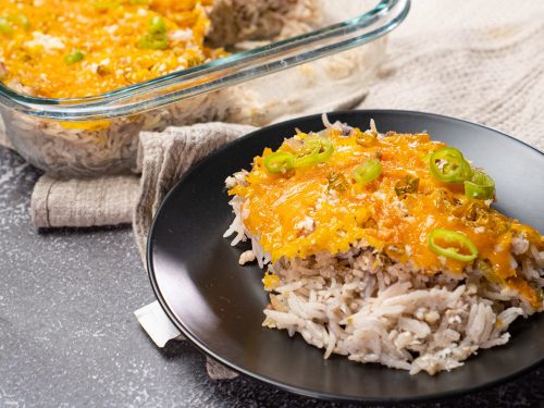 Cheesy Ground Turkey Casserole Recipe, homemade turkey casserole with melted cheese, breadcrumbs, and chilies topping