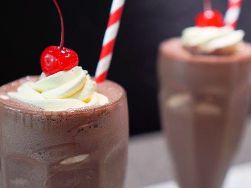 Copycat Chick-fil-A Chocolate Milkshake Recipe - Chick fil a thick and creamy chocolate milkshake topped with whipped cream and cherry