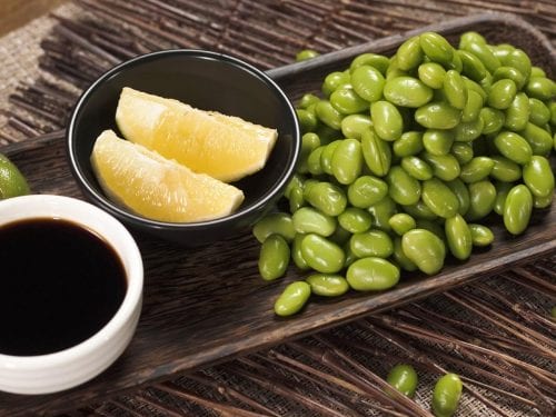 Edamame with Sea Salt Recipe, salted edamame beans with lemon wedges and soy sauce dip