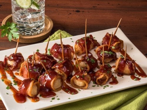 Bacon-Wrapped Water Chestnuts Recipe, rumaki teriyaki, water chestnuts wrapped in bacon