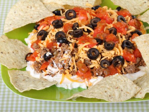 Beef Taco Dip Recipe, layered cheesy taco