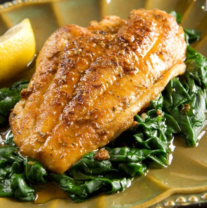 catfish roasted with sesame seeds, basil, garlic and spinach