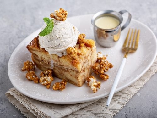 Easy Caramel Apple Bread Pudding Recipe, apple cinnamon bread pudding with vanilla ice cream and caramel syrup