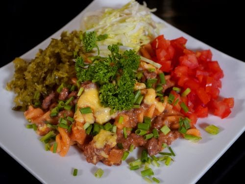 Easy Cheeseburger Casserole, Mustard, Diced Onions, Diced Pickles, Cheddar Cheese