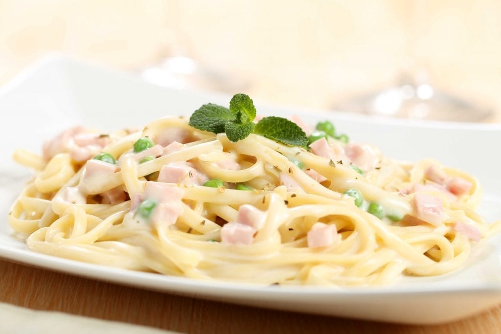 linguine with prosciutto and peas in a cream sauce