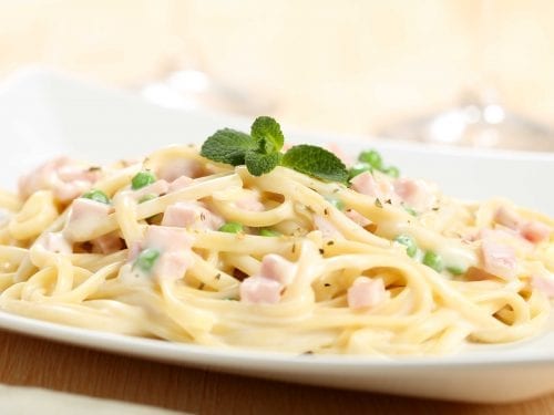 linguine with prosciutto and peas in a cream sauce