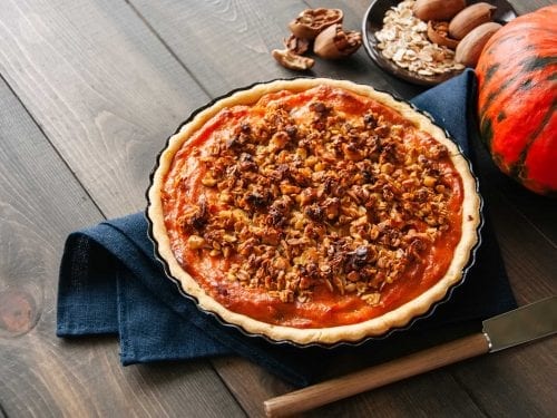 Pumpkin Pecan Pie Recipe, spiced pumpkin pie with pecan praline topping