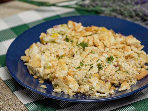 Veg-All Casserole Recipe, homemade mixed vegetable casserole with water chestnuts and saltine cracker topping