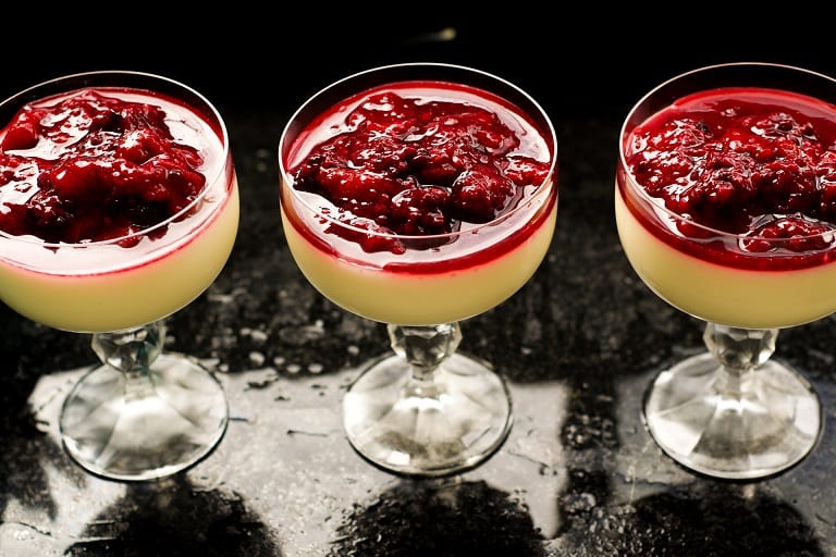 Buttermilk Panna Cotta Martinis with Fresh Berry Compote - Italian buttermilk pudding dessert and fresh fruit compote