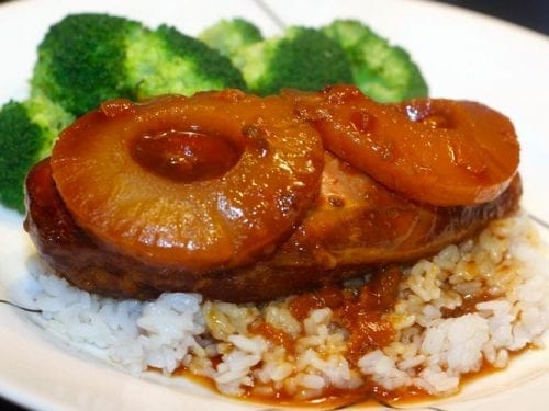 Hawaiian chicken with pineapple chunks over rice