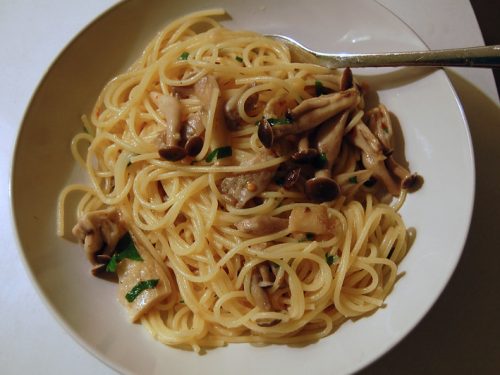 grilled portobello mushrooms over angel hair pasta with st.john's cheese sauce