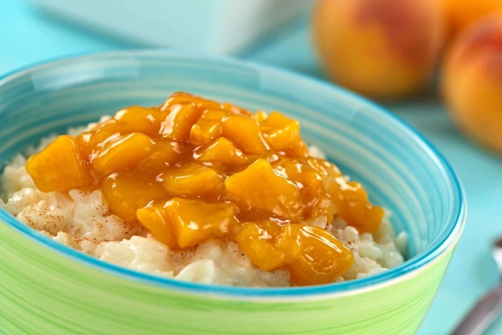 rice pudding topped with peaches