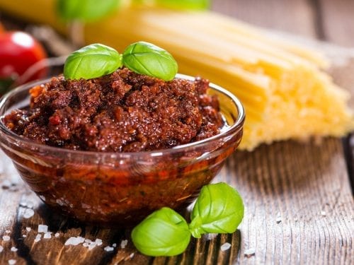 pesto with fresh basil, pistachios, and sun-dried tomatoes