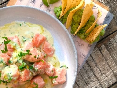 Salmon Ceviche with Sweet Corn Vinaigrette Recipe, how to make salmon ceviche, salmon and sweet corn, ceviche