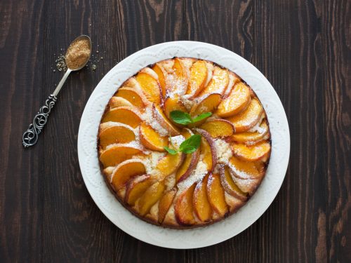 Open Face Peach Cake Recipe, a sweet fruit cake with fresh peach slices on top