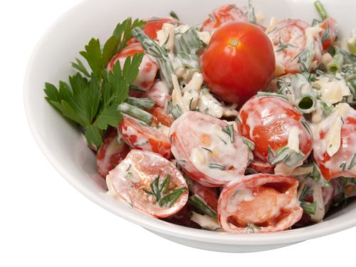 Cherry Tomato Salad Recipe, red cherry tomatoes with mayonnaise and parsley