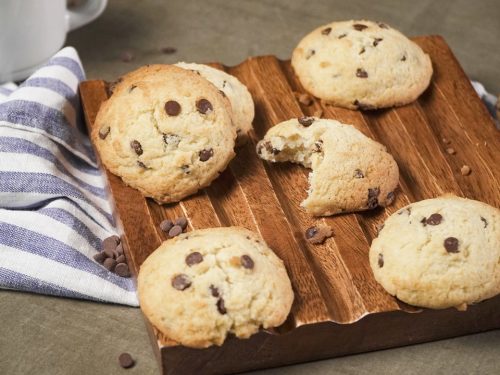 chocolate chip cookies on a wooden board