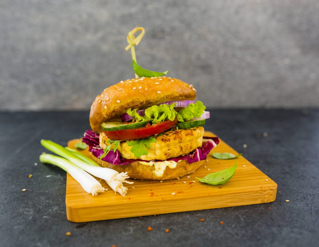 Tofu Burger Recipe, vegan tofu burger with onion, tomato, cucumber, lettuce