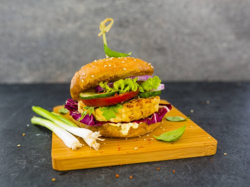 Tofu Burger Recipe, vegan tofu burger with onion, tomato, cucumber, lettuce