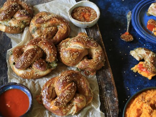 Pesto Cheese Stuffed Soft Pretzels With Carrot Pumpkin Dip Recipe