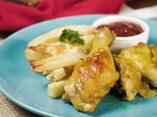 Homestyle Chicken and Fries Recipe, roast chicken served with crispy fries and ketchup