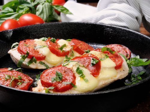 Chicken a la Caprese on an iron skillet