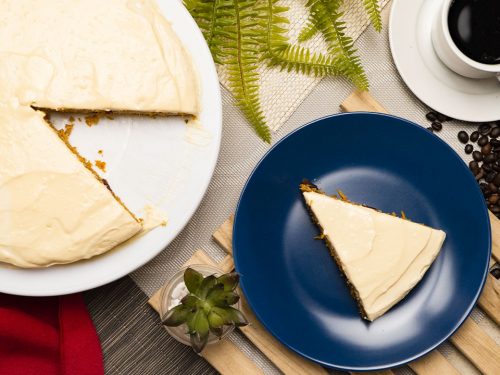 carrot cake smothered with white frosting