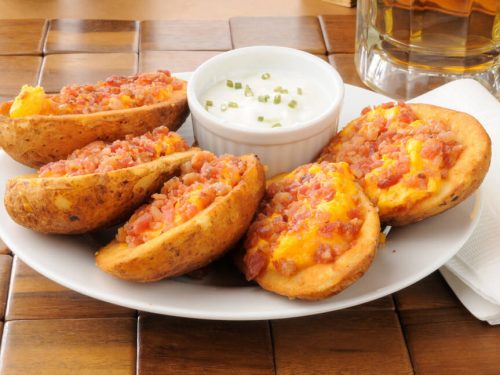 Recipe and Topping Variations to Try, crispy potato skins with ham thin slices, onion and mayo dip