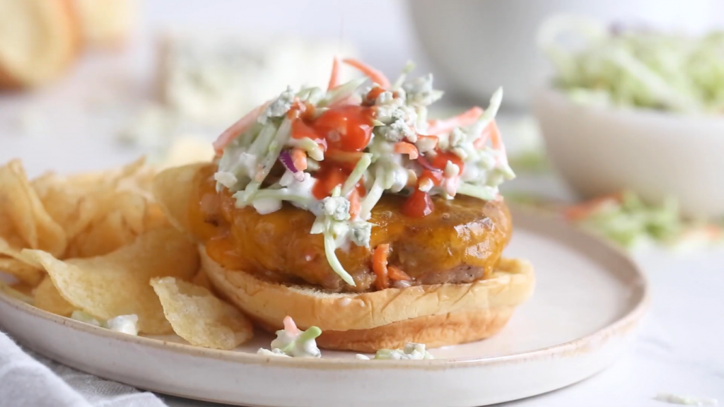 buffalo-turkey-cheeseburger-with-blue-cheese-broccoli-slaw-recipe