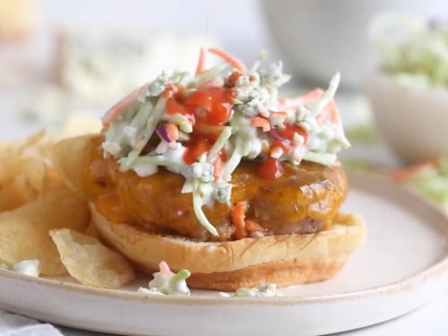 buffalo-turkey-cheeseburger-with-blue-cheese-broccoli-slaw-recipe