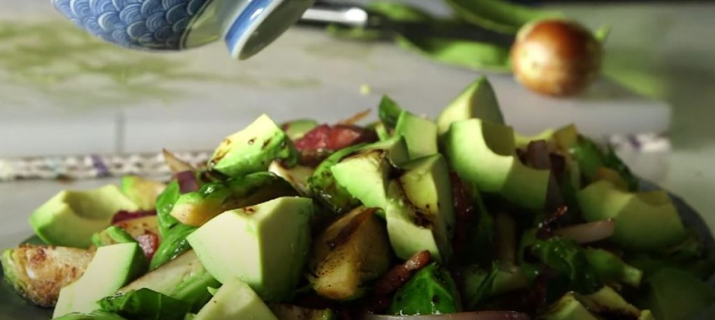 Shredded Raw Brussels Sprout Salad with Bacon and Avocado Recipe