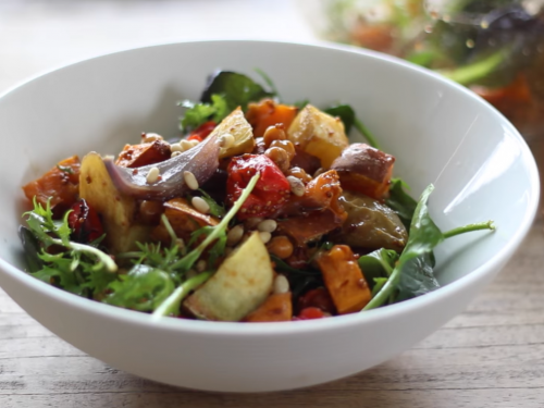 mesclun-salad-with-goat-cheese-maple-galzed-pecans-and-maple-dijon-vinaigrette-recipe