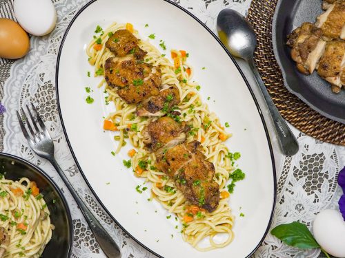 Chicken and Brown Gravy Over Egg Noodles