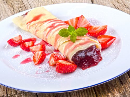 Strawberry Crepes Recipe, homemade crepes with pureed strawberries, strawberry crepe dessert