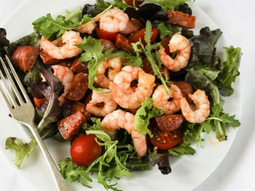 Aubergine, Prawn & Chorizo Salad with Preserved Lemon Dressing