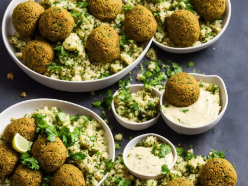 Baked Falafel & Cauliflower Tabbouleh, Green Tahini Sauce & Charred Spring Onions