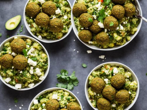 Baked falafel & cauliflower tabbouleh with avocado, pea & feta smash