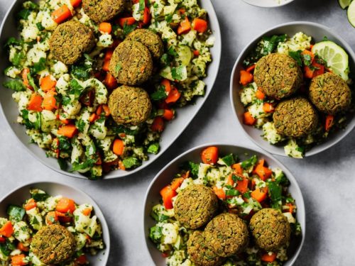 Baked Falafel & Cauliflower Tabbouleh with Pickled Carrot, Cucumber & Chilli Salad