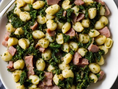 Baked gnocchi with kale pesto & ham