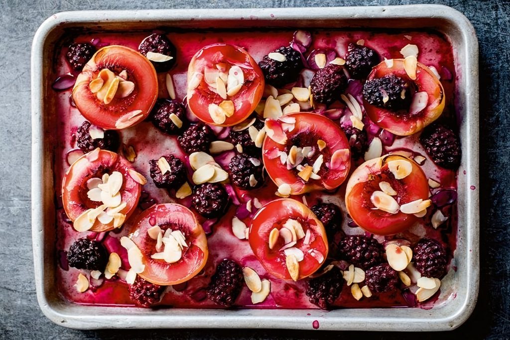 Baked Nectarines & Raspberries with Almonds & Honey