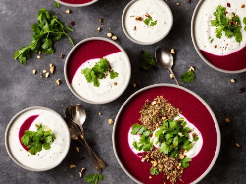 Beetroot, cumin & coriander soup with yogurt and hazelnut dukkah