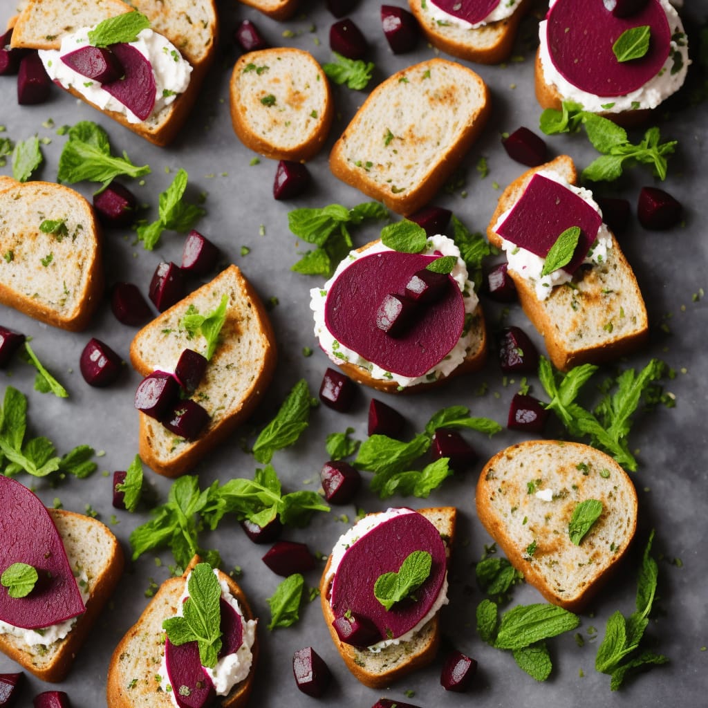 Beetroot Hummus Toasts with Olives & Mint