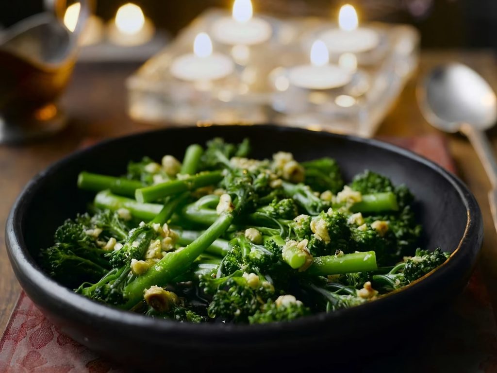 Broccoli & green beans with toasted hazelnut butter