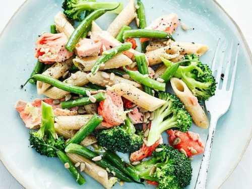 Broccoli Pasta Salad with Salmon & Sunflower Seeds