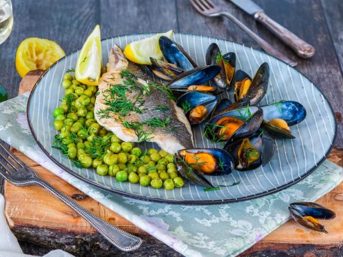 Brown Butter Sole with Peas & Mussels