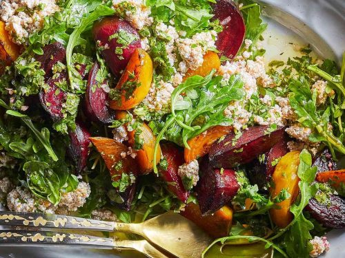 Charred Brussels, beetroot & bulgur salad