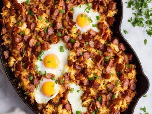 Cheesy Bacon, Sausage, and Egg Hash Brown Skillet Recipe