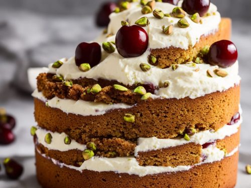 Cherry & almond sponge with pistachio crème fraîche