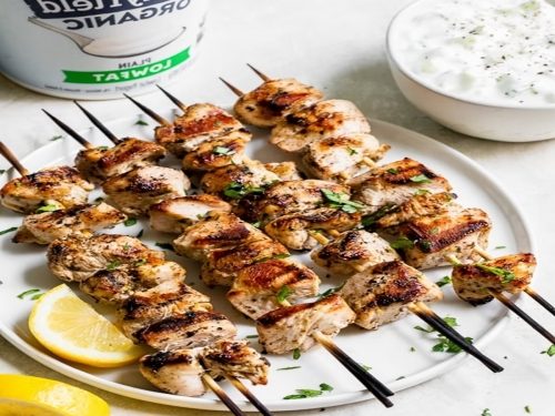 Chicken Skewers with Cucumber & Shallot Dip