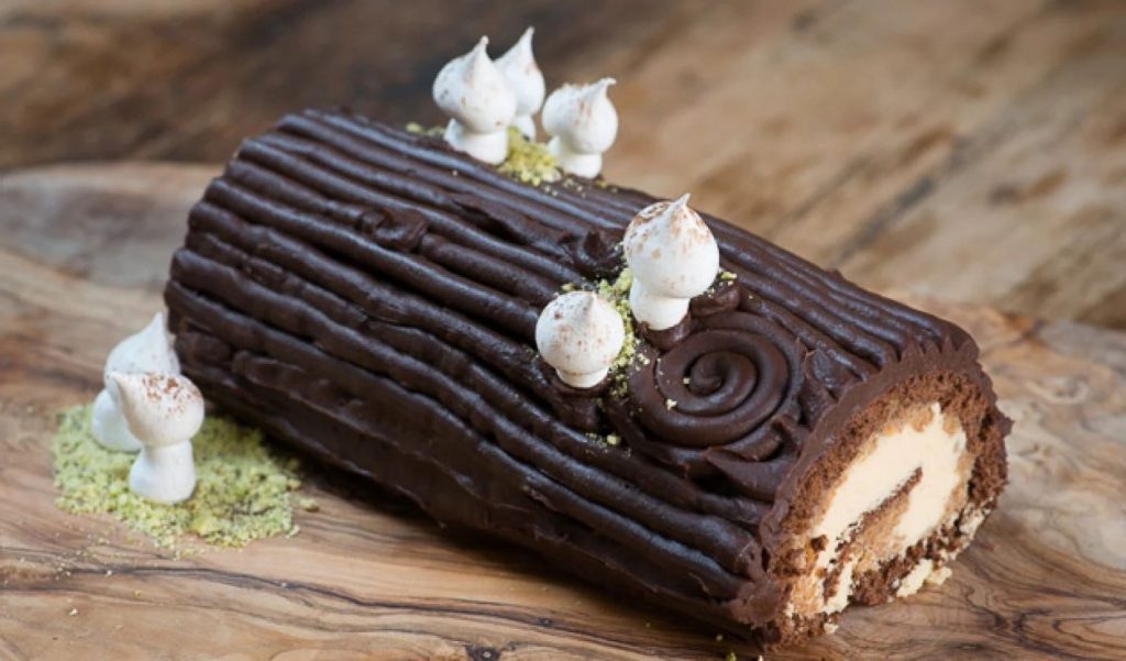 Chocolate Hazelnut Yule Log with Meringue Mushrooms